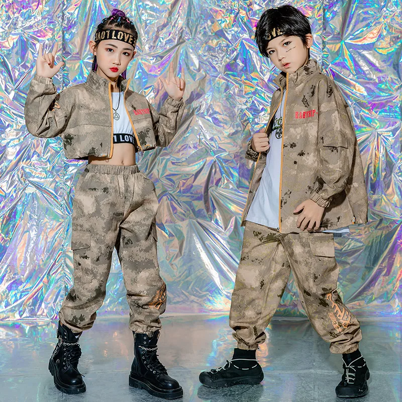 

Kids Cool Hip Hop Clothing Streetwear Camouflage Tank Jacket Tops Camo Pants For Girls Boys Jazz Dance Costume Clothes Wear