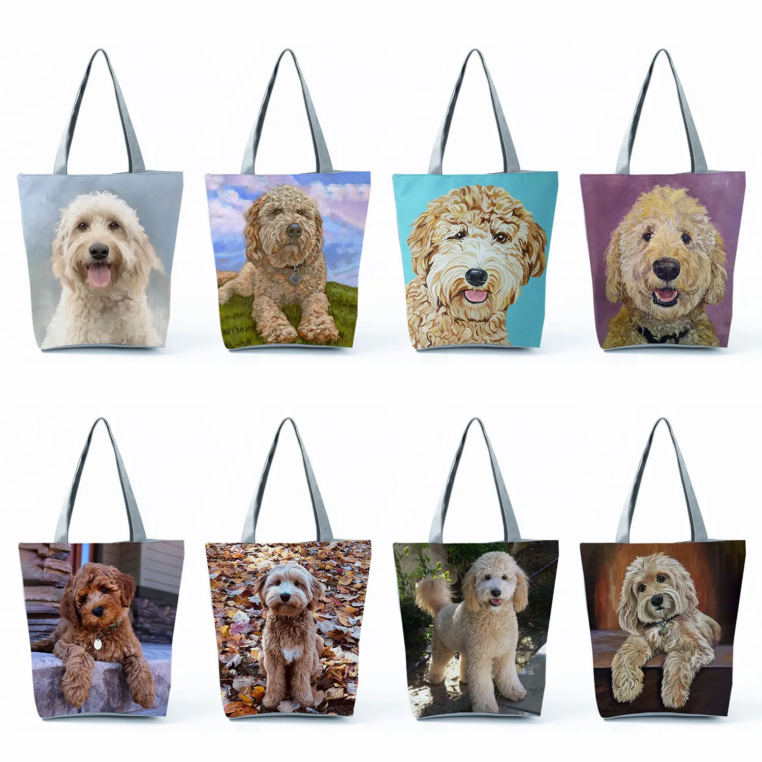 

Вместительные женские сумки через плечо, милые повседневные сумки-тоуты с изображением золотистого Пуделя и собаки, сумка для покупок с логотипом мультяшного животного на заказ