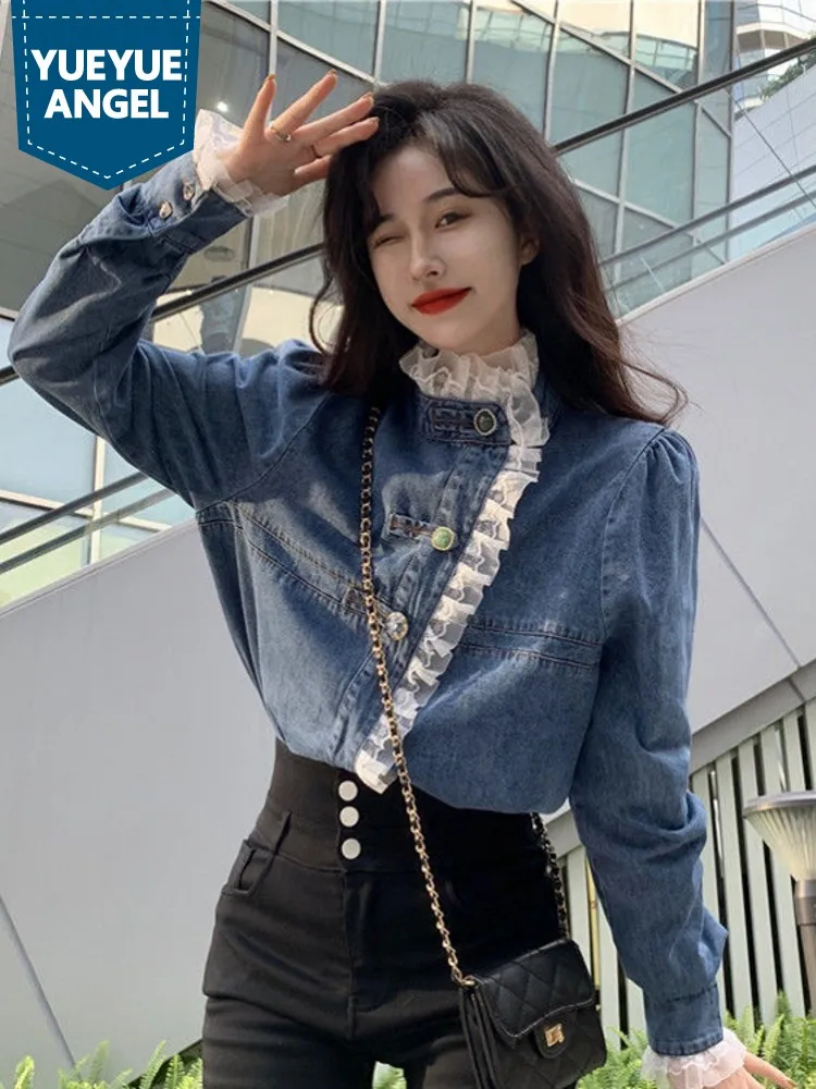 

Women Denim Shirts Fashion Lace Splice Single Breasted Shirts Spring Autumn Sweet Office Lady Full Sleeve Tops Female