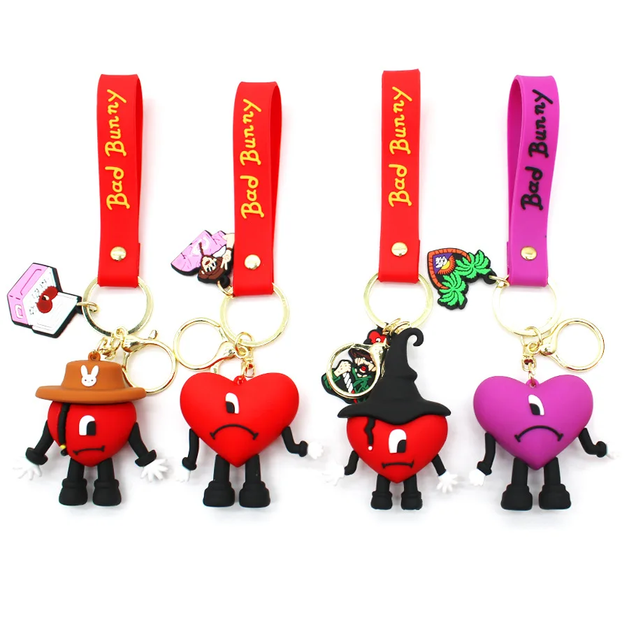 

fashion cute bad bunny heart keychain keyring for women men rubber car keychain keyfob trinket bag pendant llavero accessories