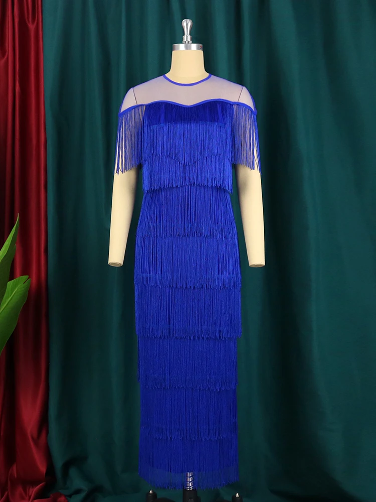 AOMEI Plus Size Women Tassel Dress Mesh Patchwork Elegant Bodycon Curvy Clothes Birthday Evening Party Event Gowns 4XL Christmas