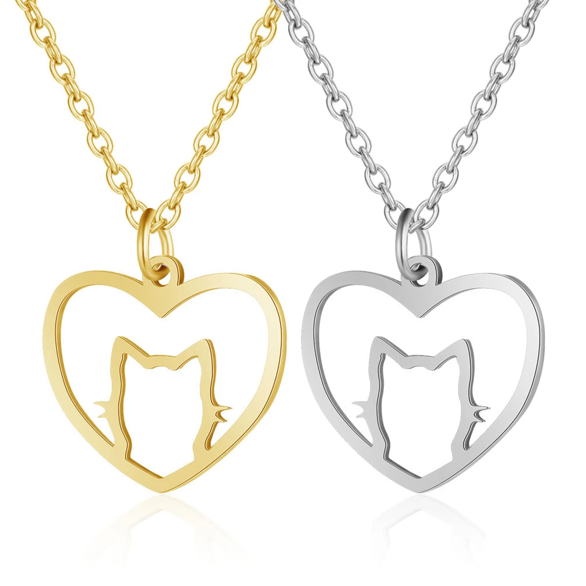 

Fashion Stainless Steel Metal Necklaces Heart Cat Animal Charm Pendant Chain Choker For Women Couple Jewelry Party Friends Gift