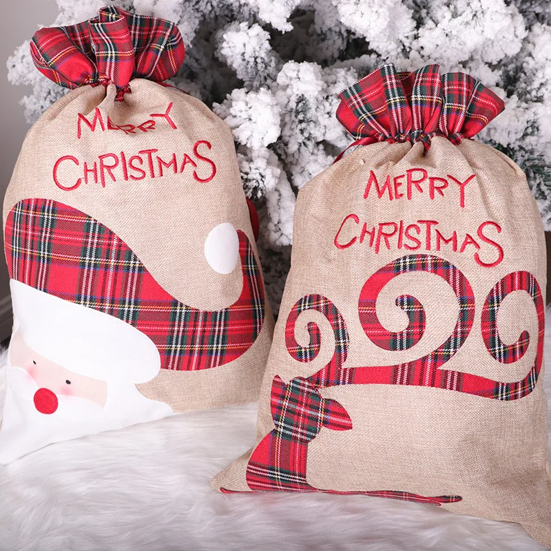 

Santa Claus fawn Christmas linen gift bag pull string ribbon bundle mouth candy bag Christmas decoration apple bag Christmas bag
