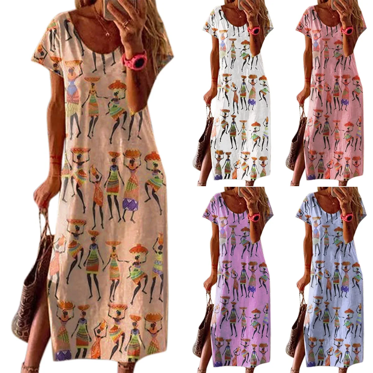 

Woman Long Summer Dress Casual Split Dresses Ethnic Style Digital Print Maxi Dresses Girls Loose Beach Sundress Robe
