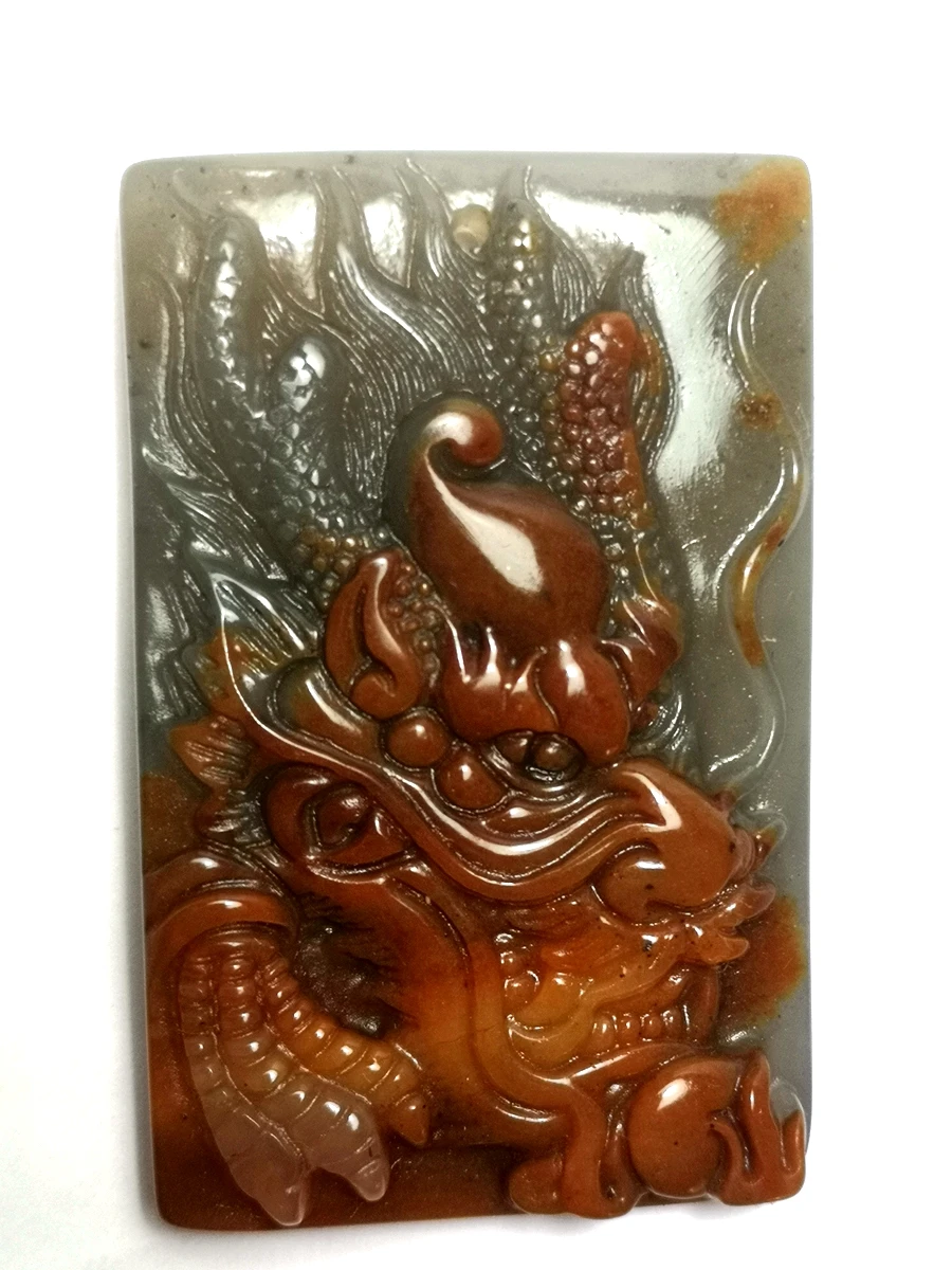 

Chinese 100% Natural Jade Hand-carved Force Dragon Statue Pendant Free necklace