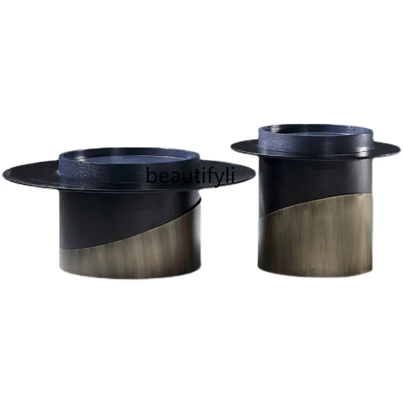 

yj Italian round Tea Table Tempered Glass Combination Simple Modern Light Luxury Bronze round Tea Table