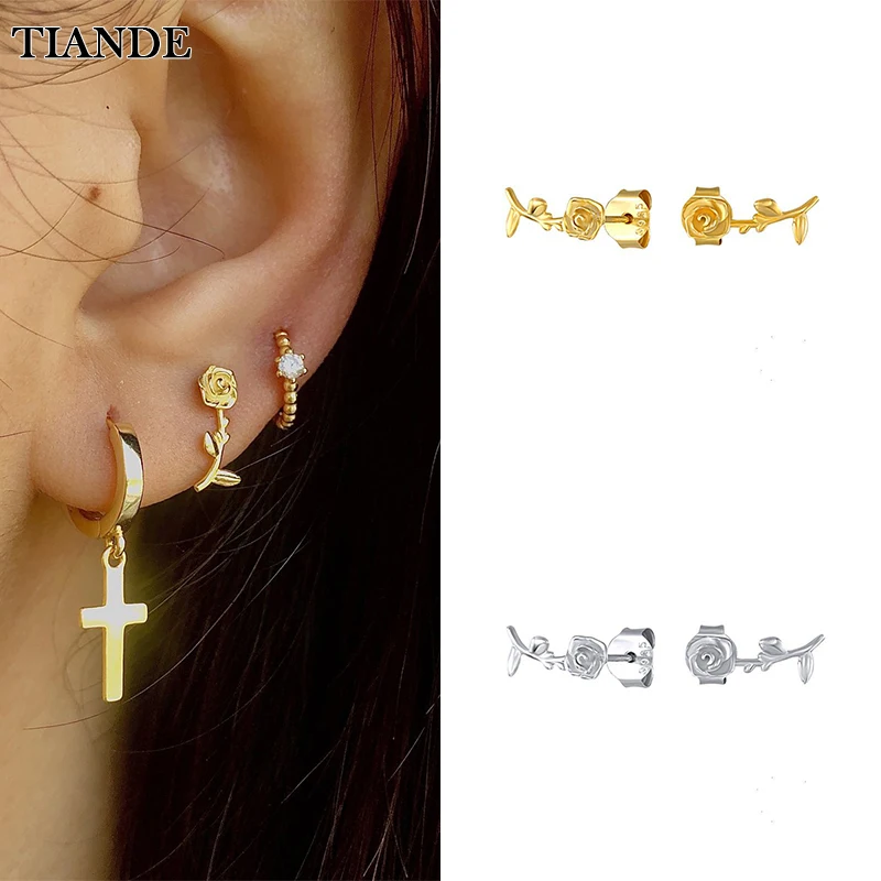 

TIANDE Silver Color Gold Plated Stud Earrings for Women Smooth Piercing Rose Flower Huggie Earrings 2022 Jewelry Wholesale