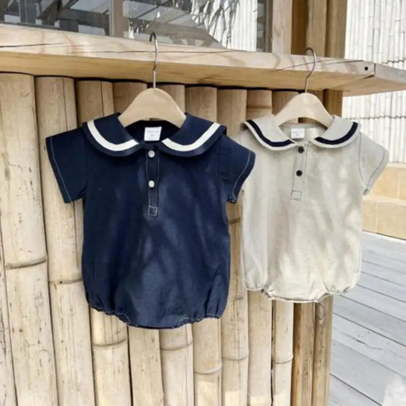 

2022 Summer New Baby Girl Short Sleeve Bodysuit Cotton Girls Cute Navy Collar Jumpsuit Solid Baby Boy Onesie Infant Clothes