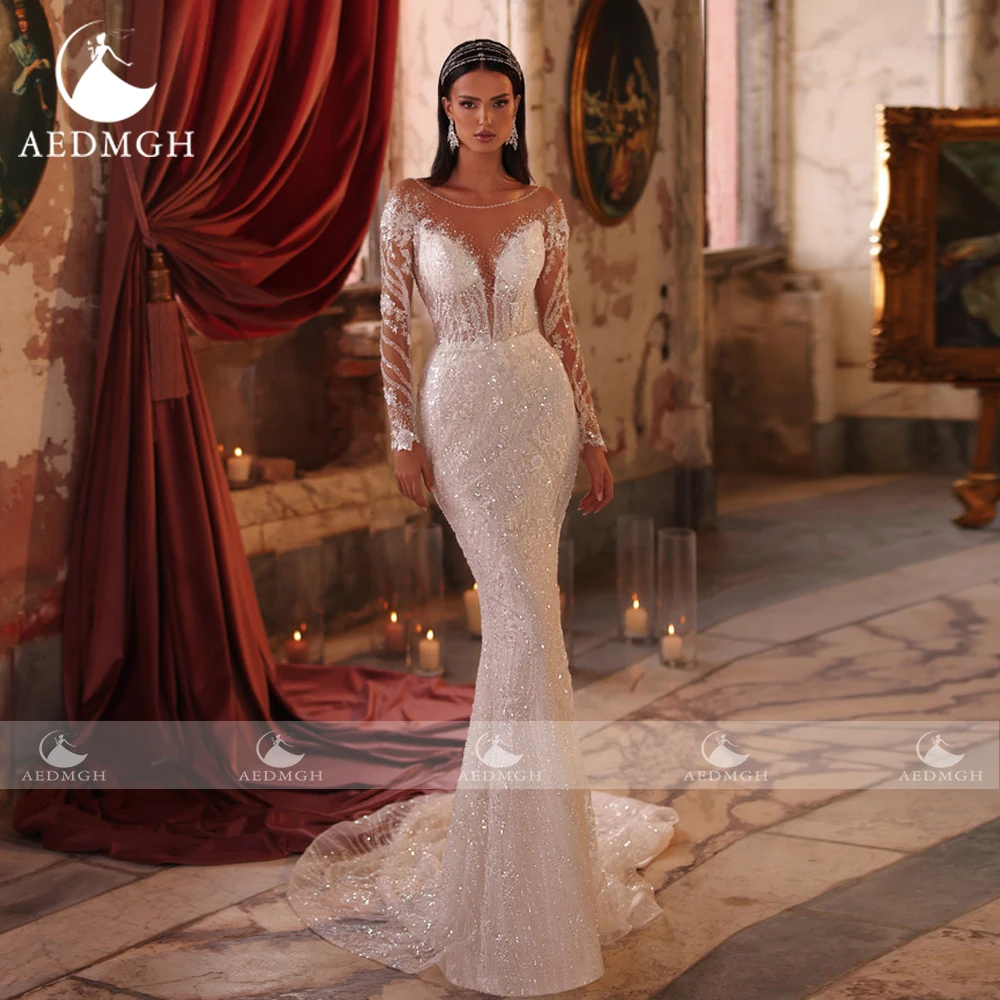 Aedmgh Русалка Свадебные платья с круглым вырезом и длинными рукавами Vestido De Novia Кружевная вышивка со съемным шлейфом Сексуальное свадебное платье на заказ (art.: 3920cbd6fa5b9) - 3920cbd6fa5b9