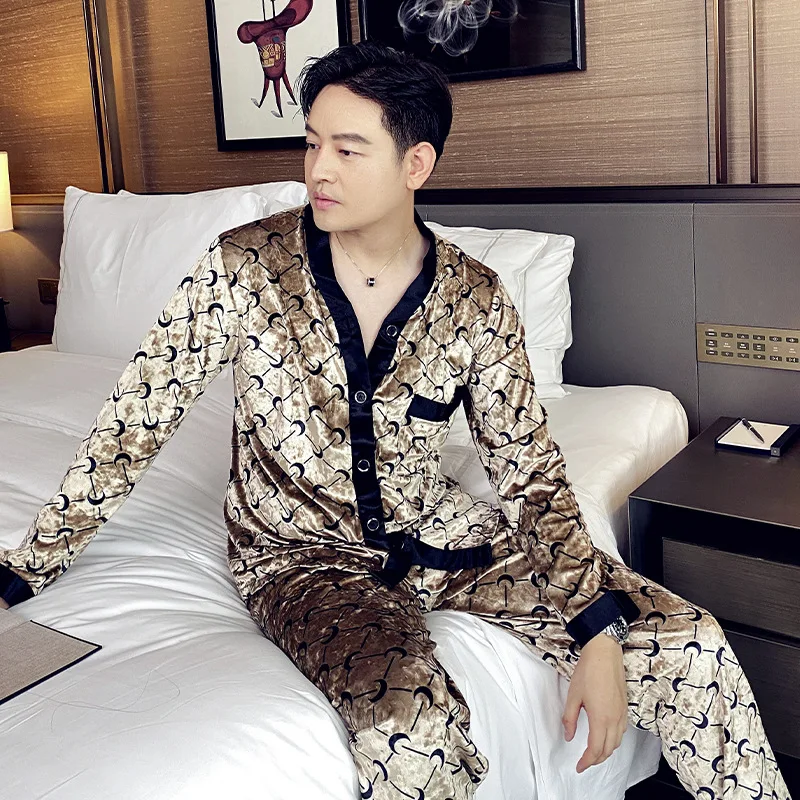 High quality lovers pajamas lady's suit velvet pajamas moon printed leisure household to take men's luxury
