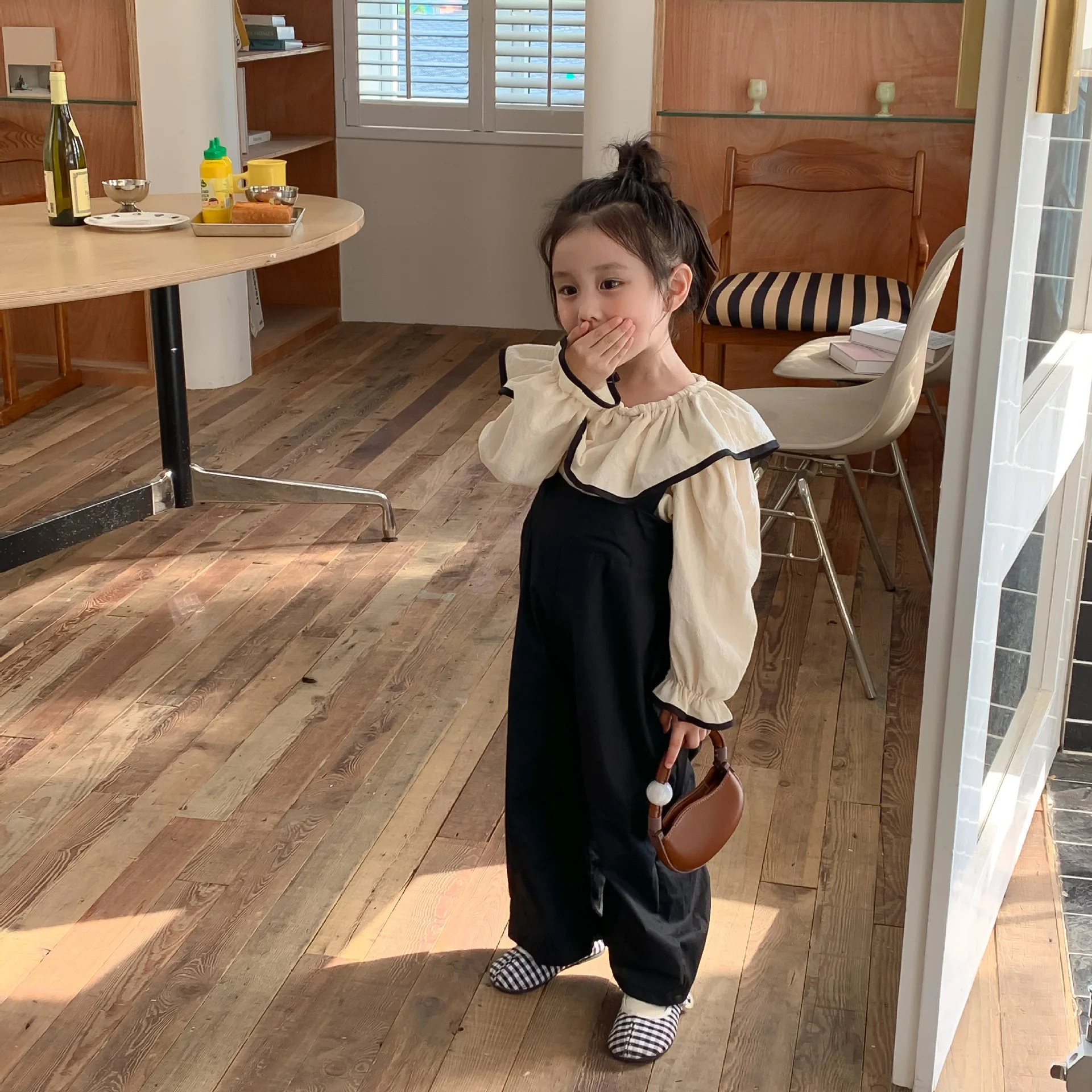 

2022 Autumn New Solid Girls Overalls Casual Children Clothing Cotton Baby Girl Lotus Leaf Collar Shirts Kids Strap Trousers