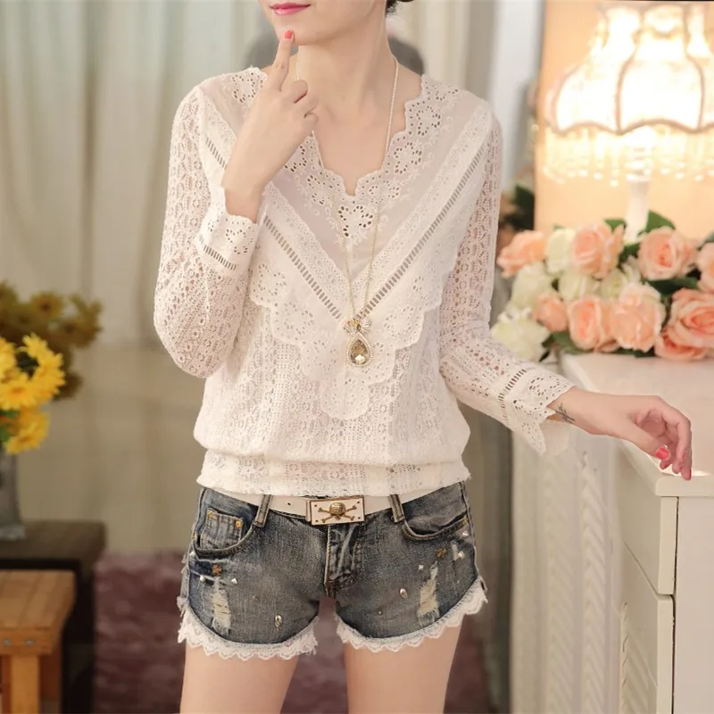 

Lace Woman Shirts Summer 2023 New Blouses Loose Long Sleeve Solid Top V-neck Patchwork Ladies Casual Clothing YCMYUNYAN