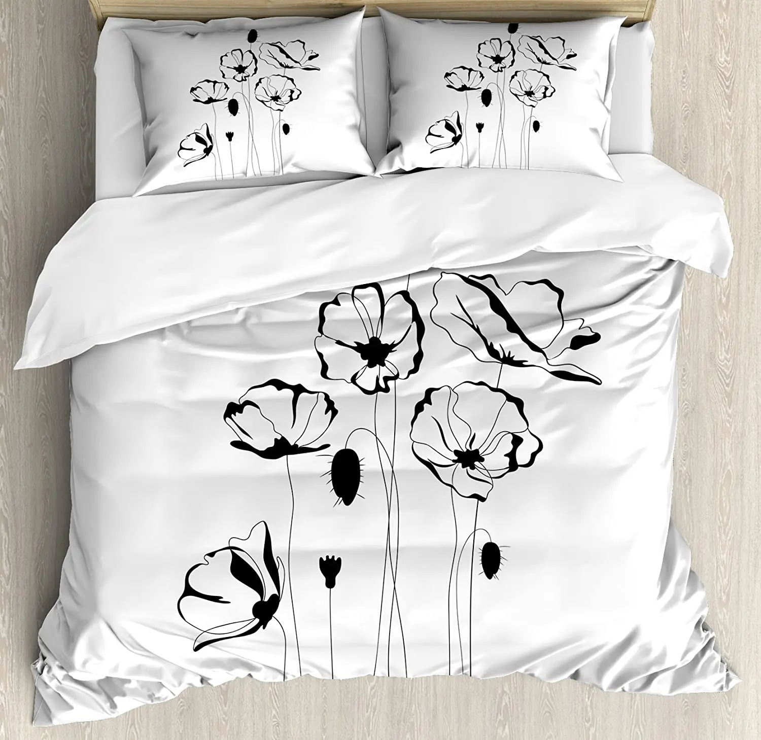 

Poppy Bedding Set For Home Double Bed Monochrome Herbs with Buds on Skinny Stems Artistic Summer Corsage Composition Duvet Cover