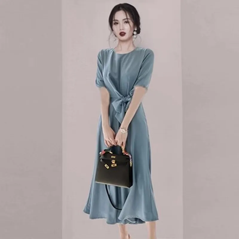 

DALMAZZO High-End French Design Fashion Solid Elegant Long Dress Women Round Neck Temperament Lace-Up Dresses Vestidos 2023 New