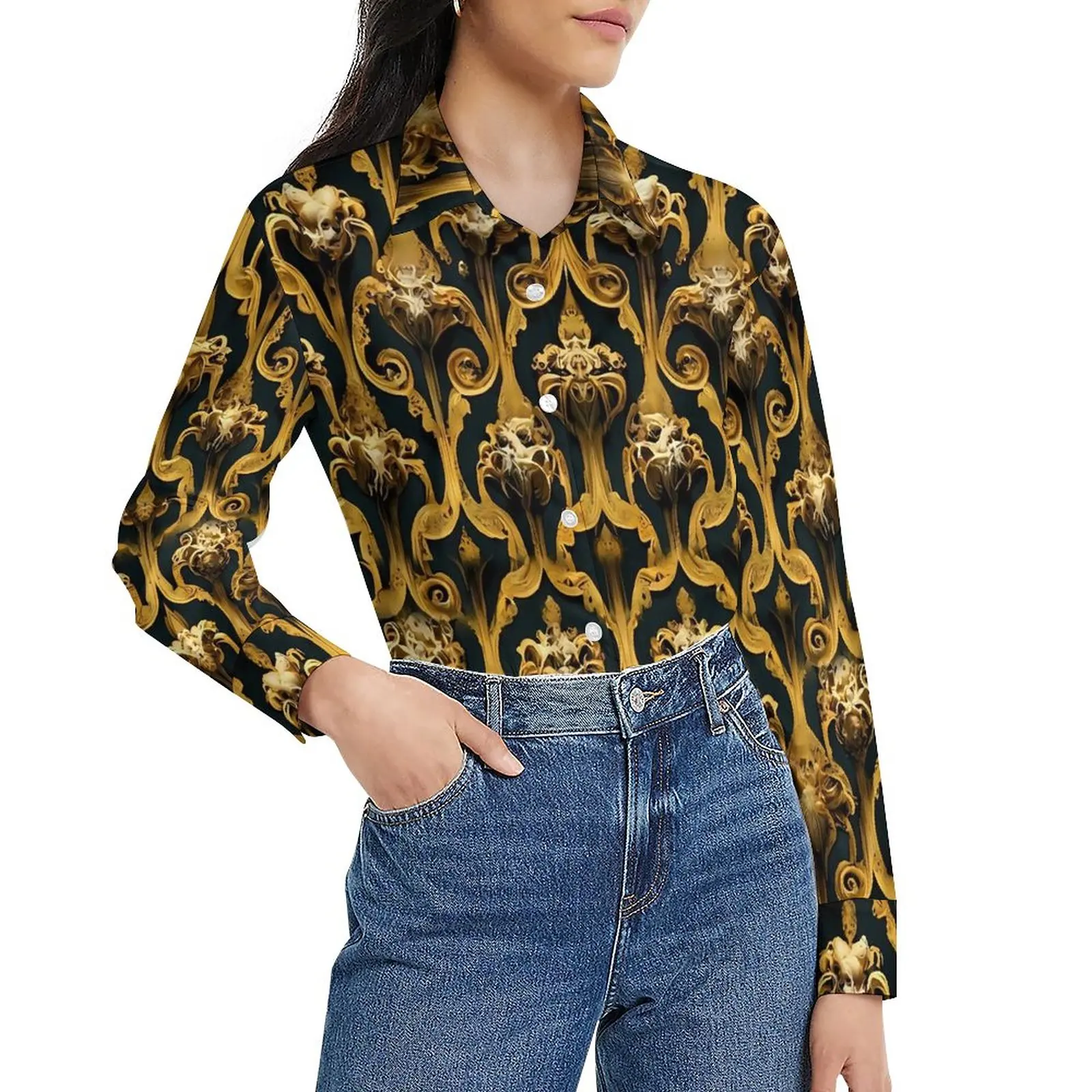 

Baroque Damask Blouse Retro Print Office Custom Blouses Female Long-Sleeve Korean Fashion Shirt Summer Oversize Top