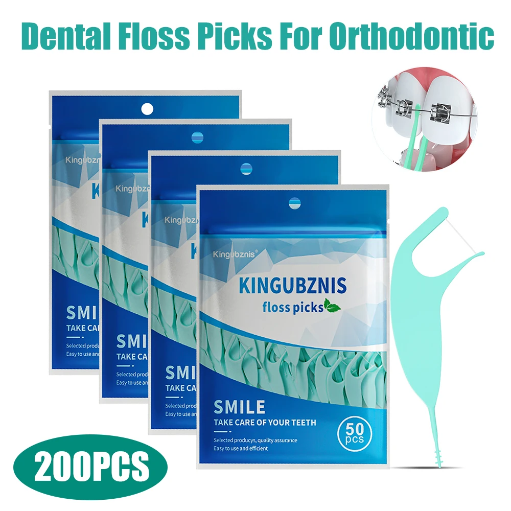 Kingubznis 200pcs Dental Floss Sticks for Orthodontic Teeth Interdental Brush Dental Flosser Picks Toothpick with Thread