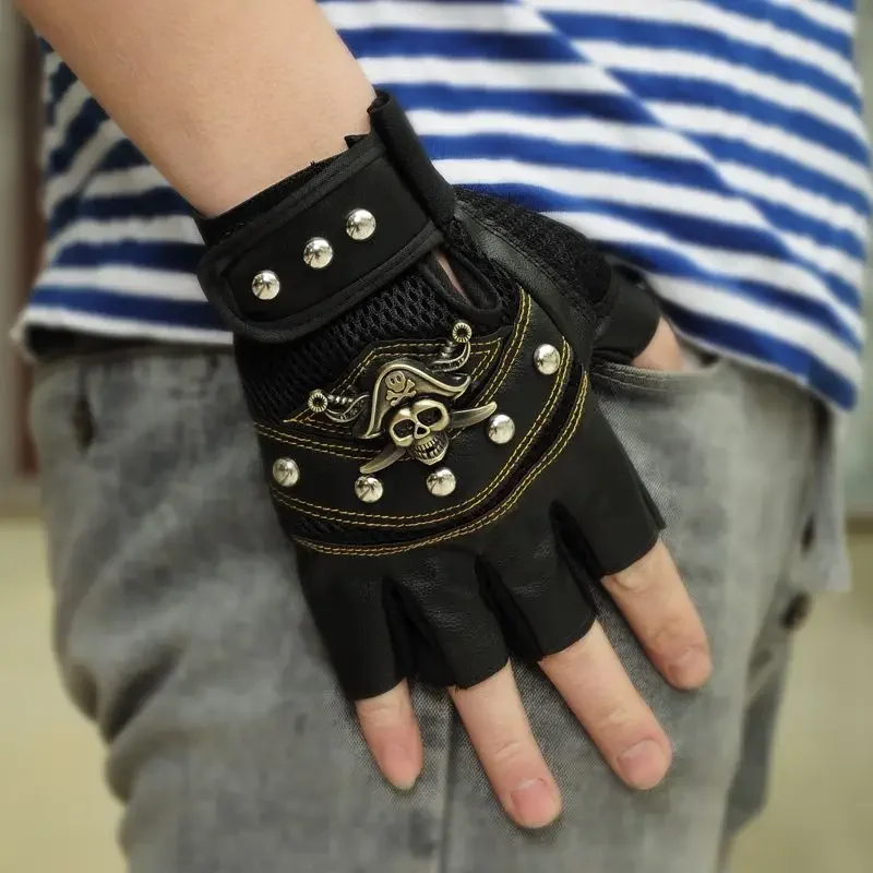 

One Piece Skull Rivet PU Leather Gloves Men Women Fashion Hip Hop Anti-Slip Half Finger Gloves Summer Cycling Accessories Gift