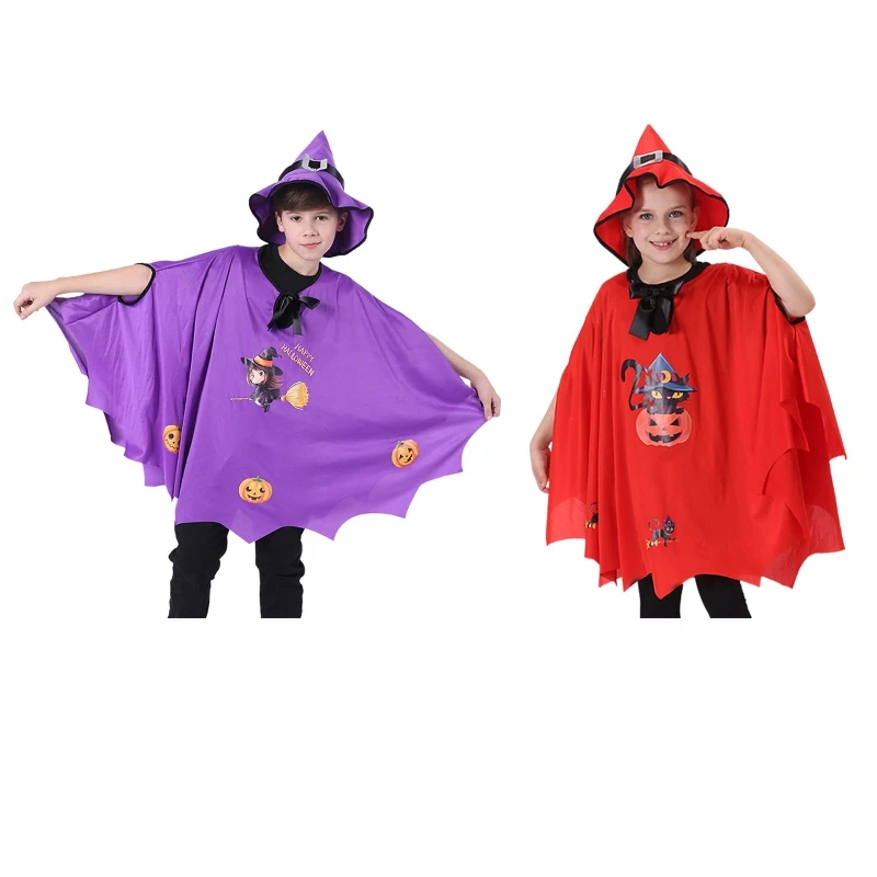 

Halloween Costumes Wizard Witch Cloak Cape Robe Batwing Sleeve with Pointy Hat Kids Girl Boy Birthday Party Cosplay Prop