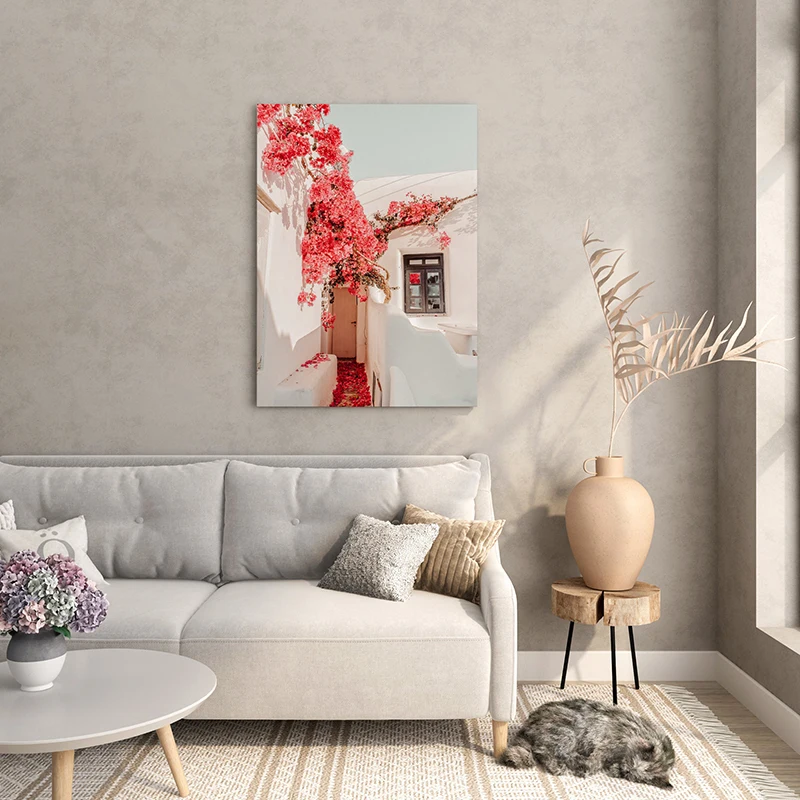 Greek Art Mykonos Poster Europe Red Flowers and White Wall Picture Print Canvas Painting for Modern Living Room Home Decor