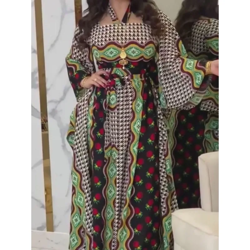 

Long Sleeve Muslim Kaftan Floral Print Eid Mubarak Turkish Robe Gown Women Ramadan Arab Dubai Ethnic Maxi Dress