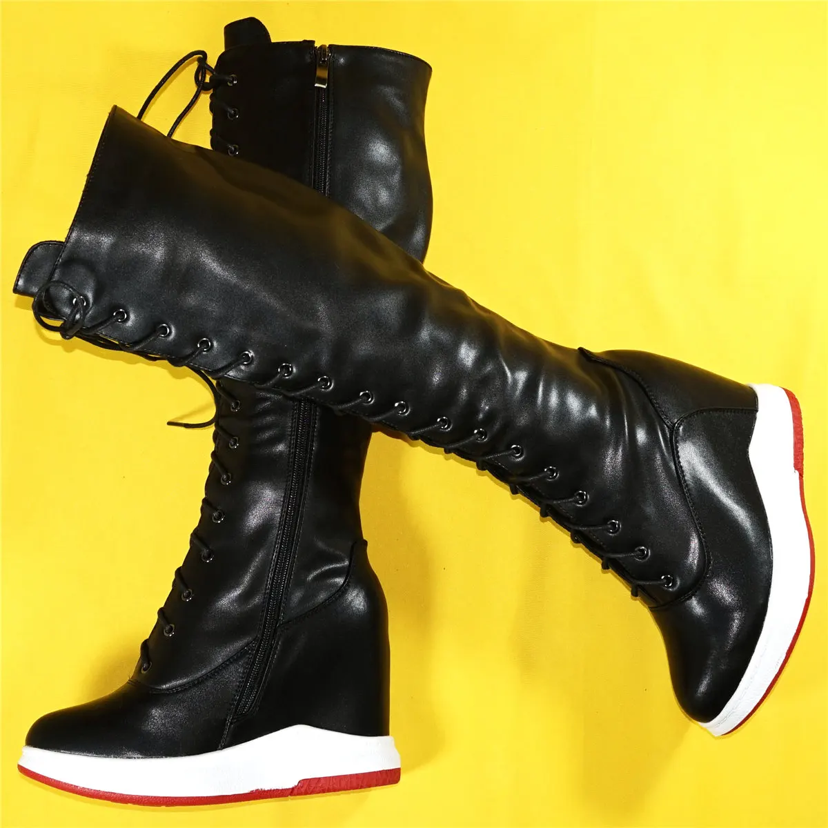 Casual Shoes Women Lace Up Genuine Leather High Heel Vulcanized Shoes Female Round Toe Fashion Sneakers Winter Platform Pumps