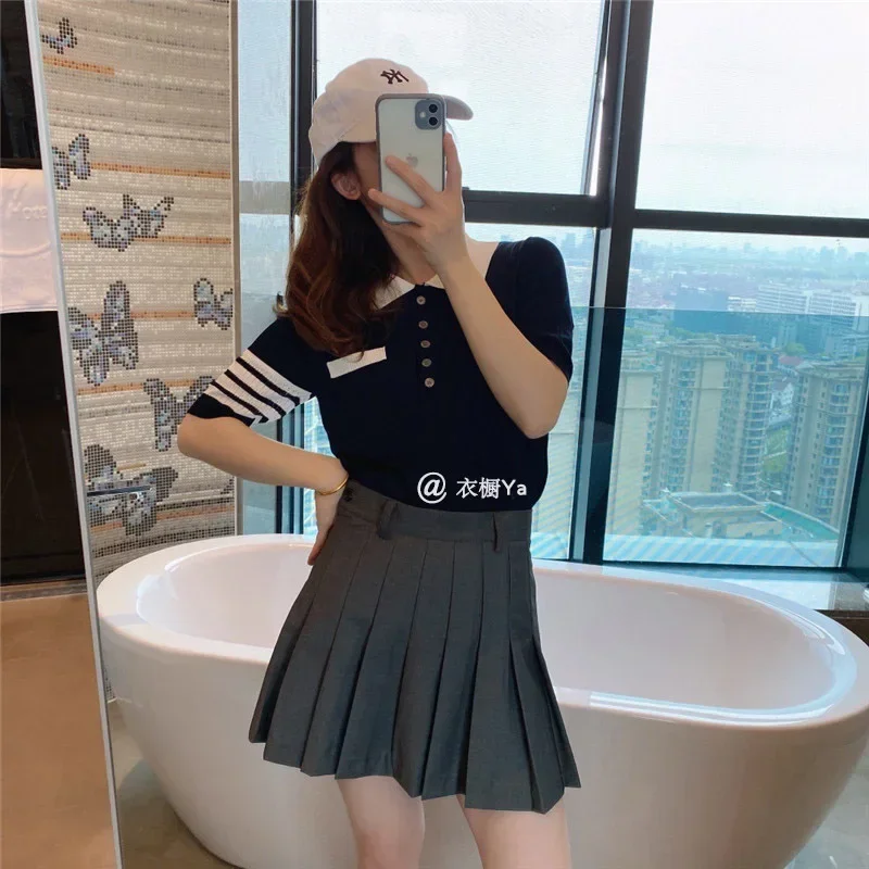 

Striped Knitted T-shirt Women's Short-sleeved Ice Silk Slimming Contrast Color Tb Puppy Polo Collar Top Summer