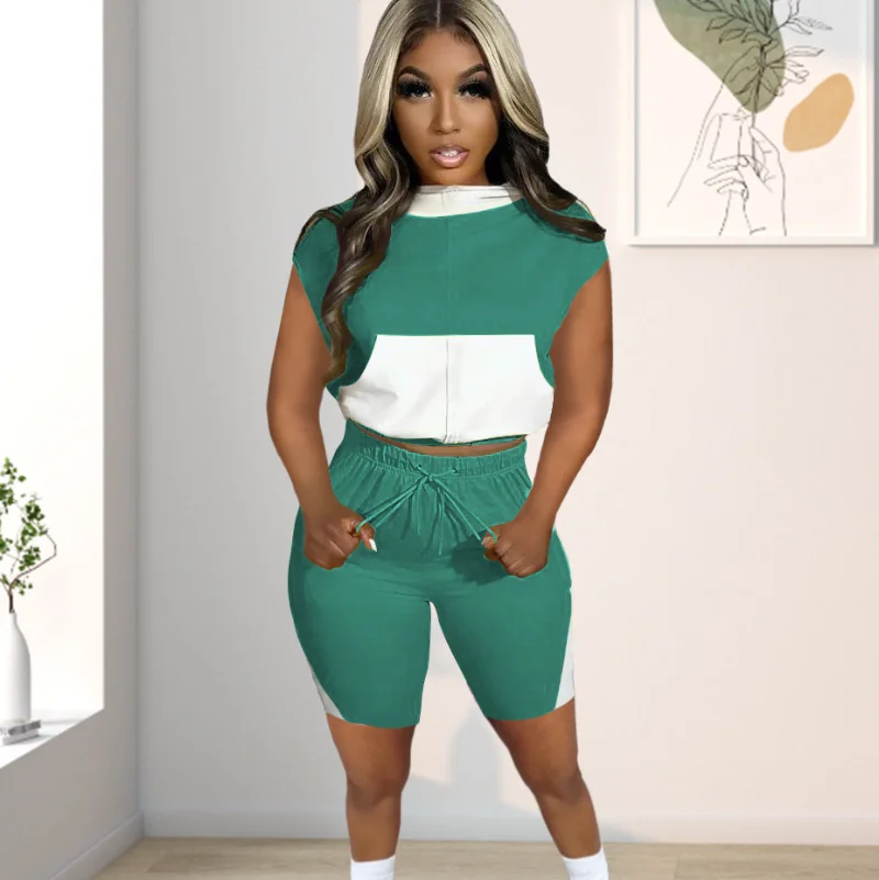 

Уличный женский костюм WUHE в стиле пэчворк, Свитшот без рукавов с капюшоном и брюки до колена, летний комплект из двух предметов, спортивный к...