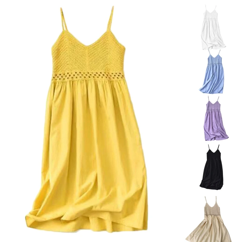 

Women Summer Sleeveless Crochet Splicing Solid Color High Waist Pleated Dress