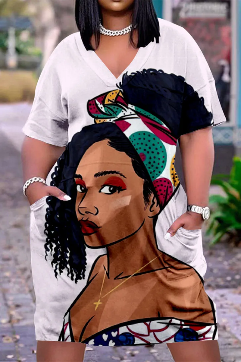 Женские платья до колена с карманами индийским 3D принтом V-образным вырезом -