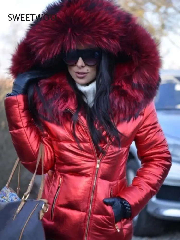 2022 Winter Fur Short Down Padded Jacket with Hood Long Sleeve Thick Coats Female Zippe Solid Color Warm Jackets Parkas Clothes