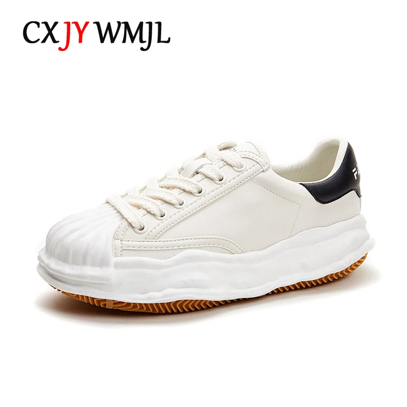 

CXJYWMJL Genuine Leather Women Platform Sneakers Shell Head Spring Casual Vulcanized Shoes Ladies Sports Little White Shoes