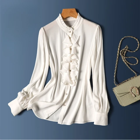 Блузка Женская атласная с круглым вырезом, шелковая Повседневная Свободная Модная рубашка с длинными рукавами, однотонный топ с оборками, весна-лето