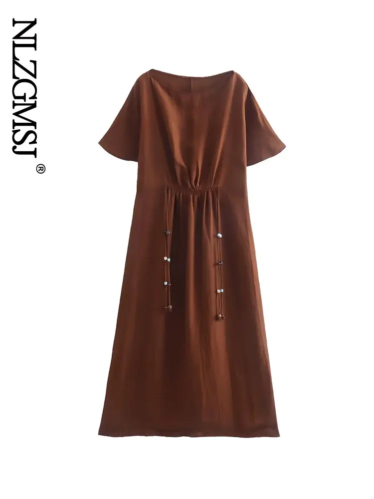 

Nlzgmsj Summer Dresses Woman 2022 Fashion Loose Short Sleeve Waist Tie Retro Dress Commute Elegantly Robe Long Dress
