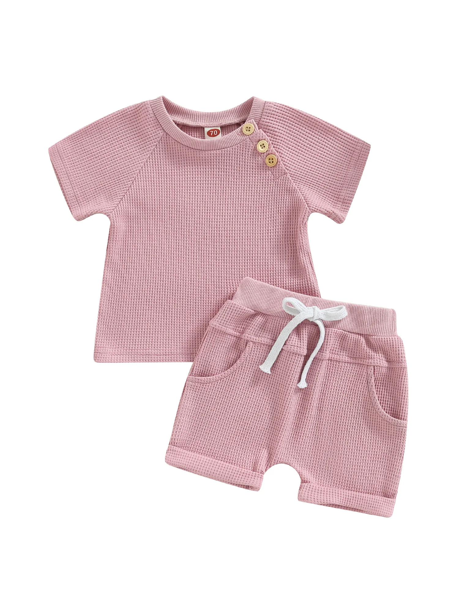 

Baby 2Pcs Summer Outfits Short Sleeve Waffle Knit T-Shirt Knot Front Shorts Set