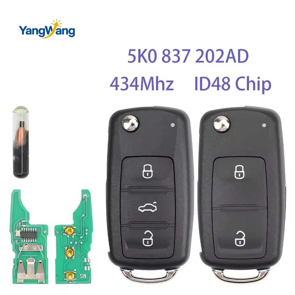 Фото YangWang FCCID: 5K0837202AD Для VW Beetle, Eos, Golf 6, Jetta, Tiguan, Seat, Skoda Fabia, дистанционный ключ-брелок с чипом ID48, 434 МГц №1