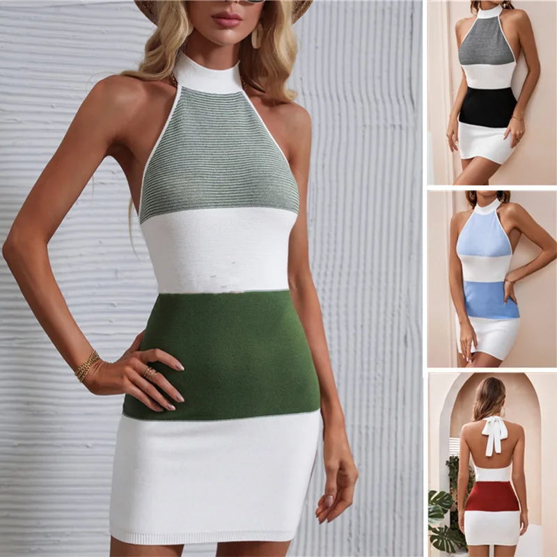 

2022 summer women's new contrast color knitted skirt sexy backless dress women