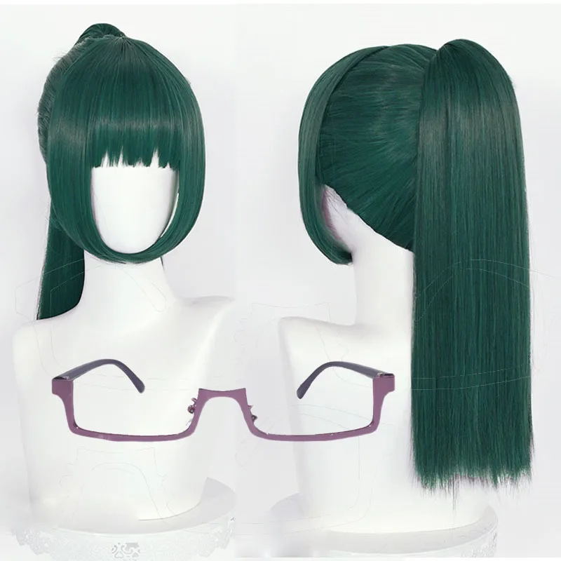 

Maki Zenin Cosplay Wig Anime Jujutsu Kaisen 60cm Dark Green Clip Ponytail Heat Resistant Synthetic Hair Wigs + Wig Cap