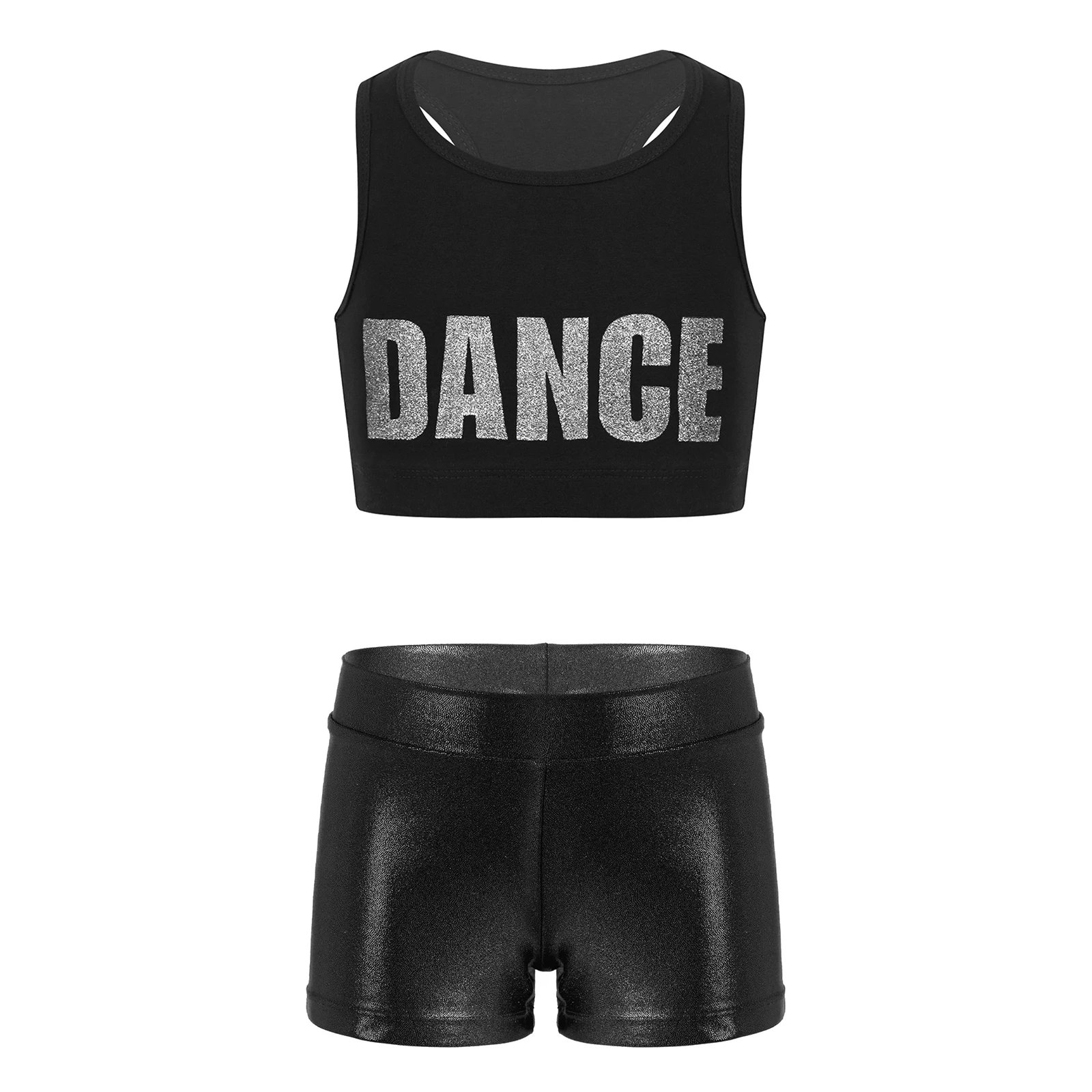 Shiny Girls Dancewear Kids Sleeveless Racer Back Crop Top + Metallic Shorts Children Ballet Gymnastics Outfits for Jazz Hiphop