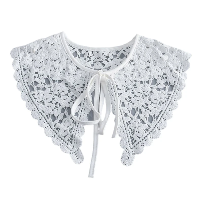 

Women Romantic White Neckline Shawl Embroidery Floral Faux Collar Ribbon Capelet