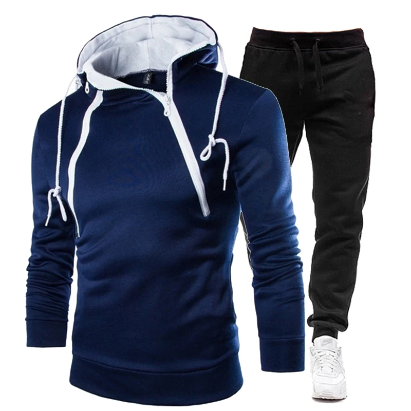 

NEW Men's Tracksuit Casual Sweatshirt Sets Double Zipper Hoodies Sweatpants Suit Outdoor Sportswear Sweatsuit Set Mens Outfits