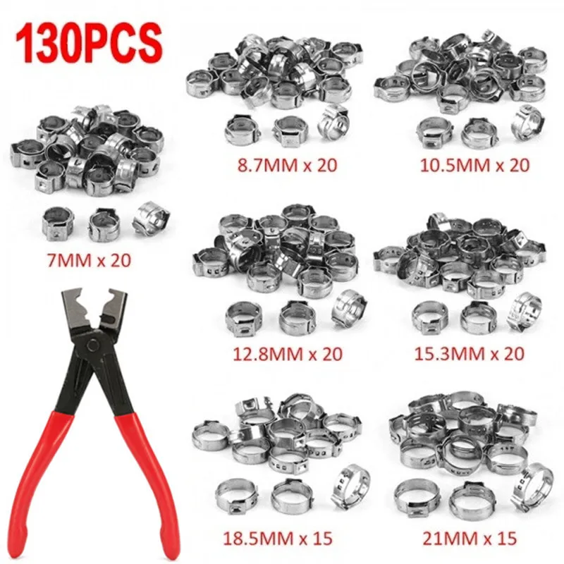 

130pcs Single Ear Stepless Hose Clamps +1PC Hose Clip Clamp Pliers 7-21mm 304 Stainless Steel Hose Clamps Cinch Clamp Rings