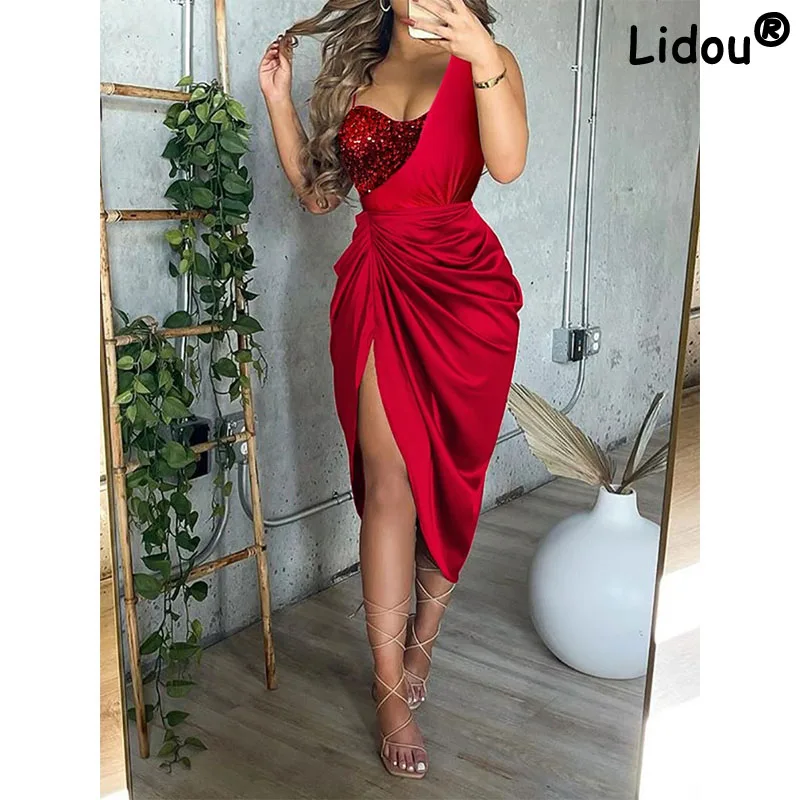 

Sexy One Shoulder Shirring Split Midi the Dress Elegant Fashion Women New Summer Party Tunics Y2k Clothes Female Evening Dresses