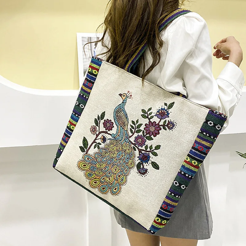 

New Women Fashion Portable Canvas Bags Lady Large Capacity Tote Bag Vintage Jacquard Shoulder Bag All-match
