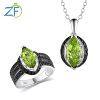gz zongfa genuine 925 sterling silver pendant for women marquise 126mm natural peridot gemstone necklace ring fine jewelry set