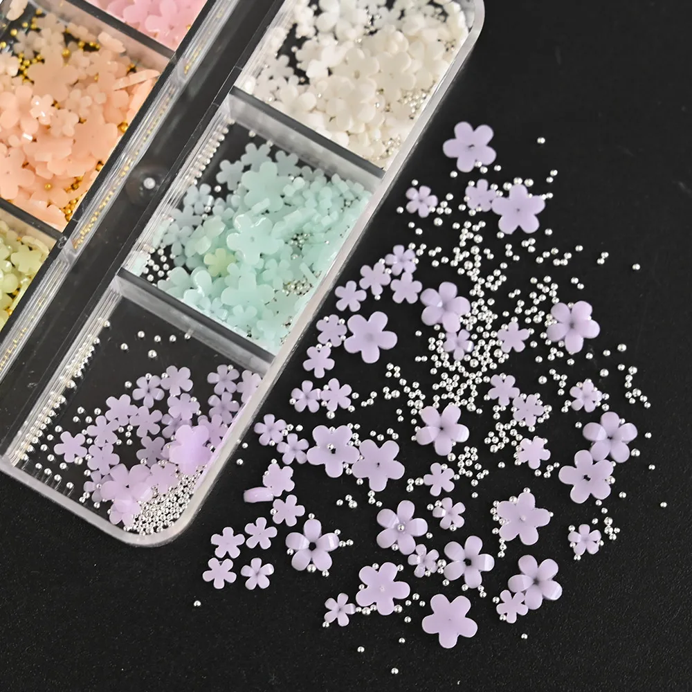 

400PCS Acrylic Flower Nail Art Decoration White Acrylic Rhinestones Mixed Size Silver Steel Ball Nails Charms Gem Manicure Tools