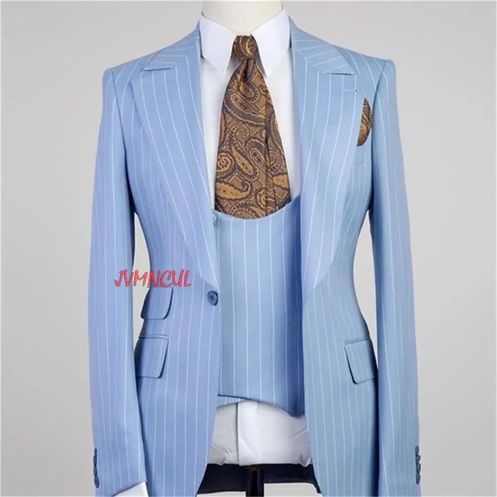 

Light Sky Blue Men Suits Stripe Design Jackets Blazer for Wedding Groom Tuxedos Set Vintage Retro 3 Piece Costume Homme