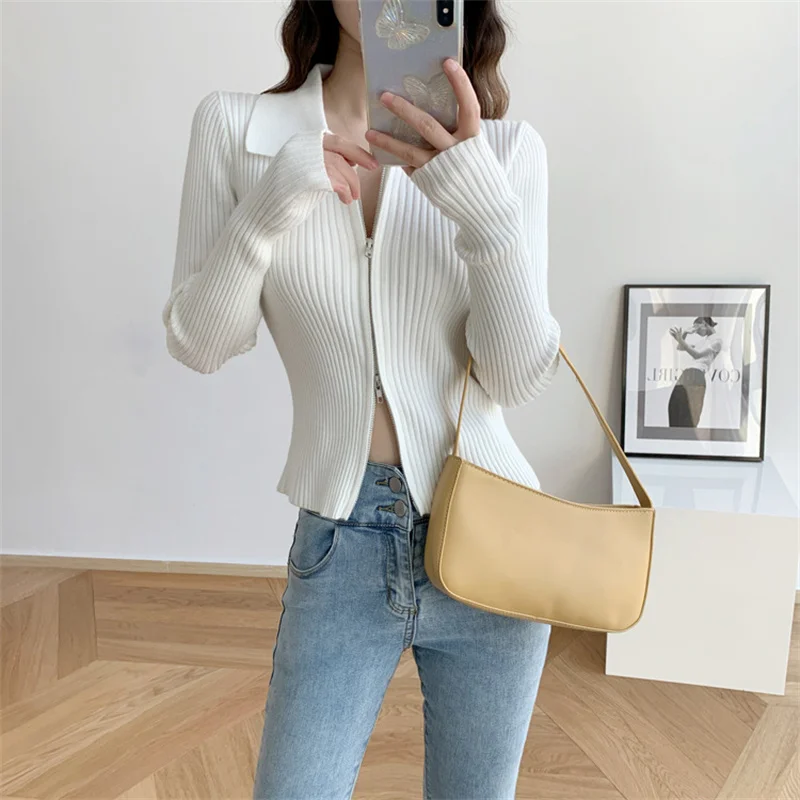 

Autumn Zipper Knitted Sweater Women Turndown-Collar Long Sleeve Elastic Knitted Tops Winter Fashion Basic Sweaters