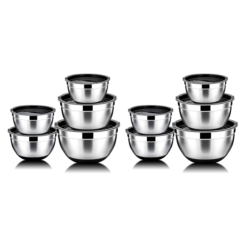 

10 Pcs Mixing Bowl,Stainless Steel Salad Bowl With Airtight Lid&Non-Slip Base,Serving Bowl For Kitchen Cooking Baking