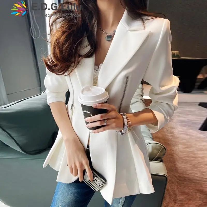 

EDGLuLu Women High Quality Fashion Turn-down Collar Suit Jacket Ladies Design Zipper Office Formal White Black Blazers Coat 0727
