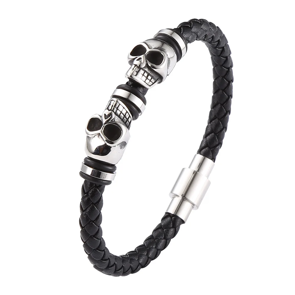 

Fashion Braided Men's Leather Bracelets Stainless Steel Skull Charms Magnetic Clasp Wrap Cuff Bangles Women Jewelry